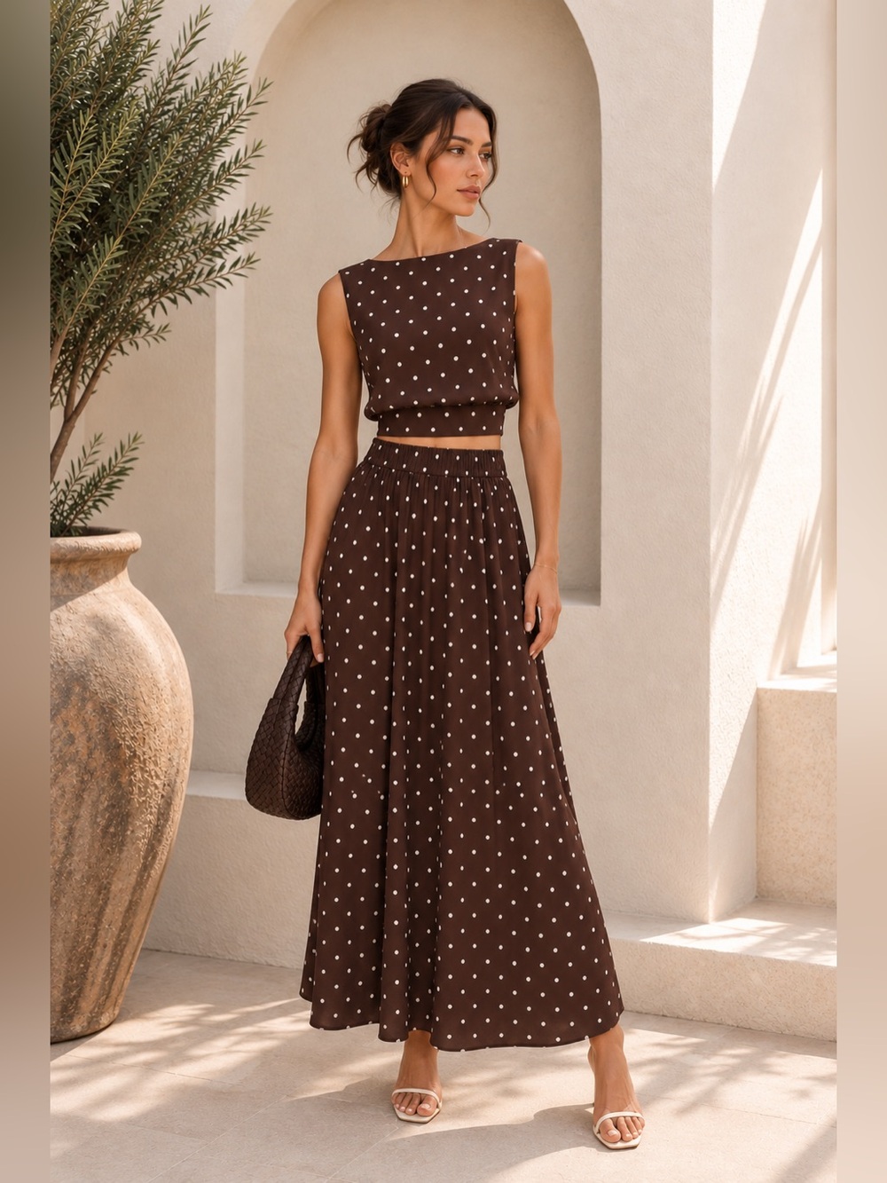 Commense Dark Brown Polka Dot Top & Maxi Skirt Set XS | European Chic
